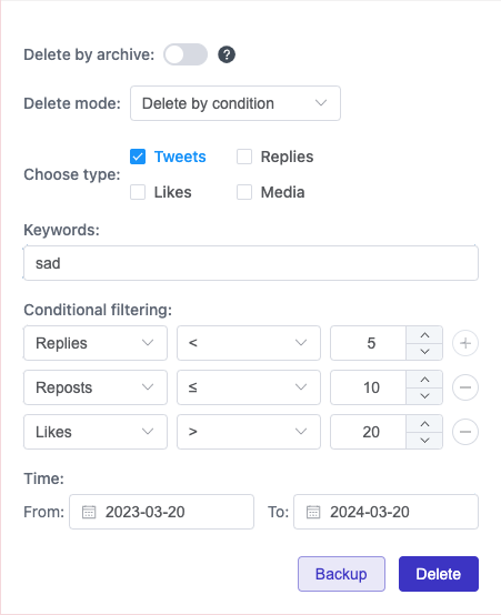 高度なフィルタリングを使用したツイート/リプライ/いいねの一括削除